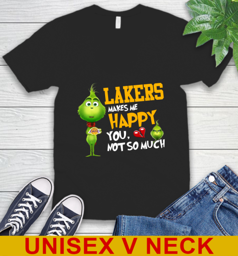 NBA Los Angeles Lakers Makes Me Happy You Not So Much Grinch Basketball Sports V-Neck T-Shirt