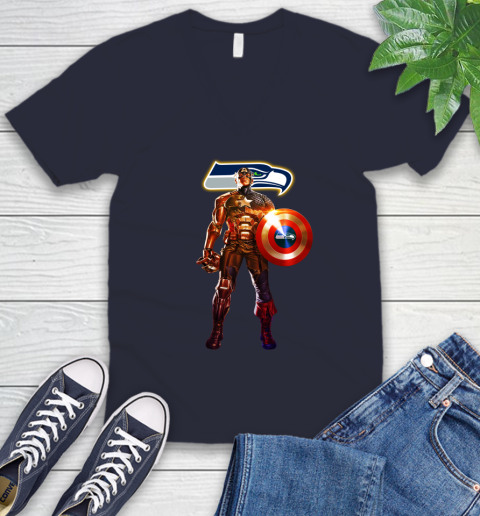NFL Captain America Marvel Avengers Endgame Football Sports Seattle Seahawks V-Neck T-Shirt 3
