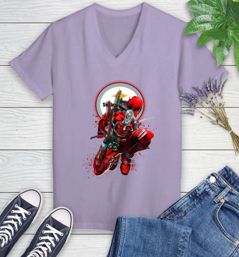NFL Deadpool Marvel Comics Sports Football Pittsburgh Steelers Women's V-Neck T-Shirt 14