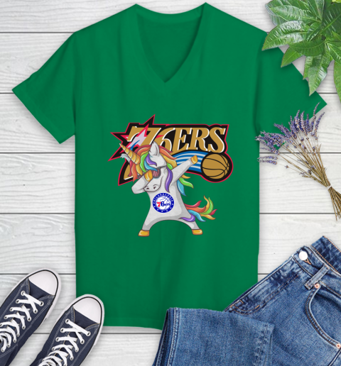 Philadelphia 76ers NBA Basketball Funny Unicorn Dabbing Sports Women's V-Neck T-Shirt 5