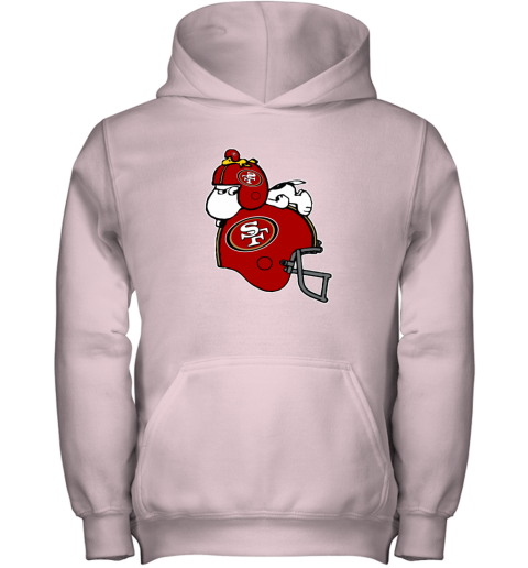 qp9o snoopy and woodstock resting on san francisco 49ers helmet youth hoodie 43 front light pink