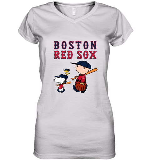 Boston Red Sox Let's Play Baseball Together Snoopy MLB Women's V-Neck T-Shirt