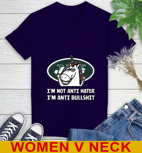 New York Jets NFL Football Unicorn I'm Not Anti Hater I'm Anti Bullshit Women's V-Neck T-Shirt 4