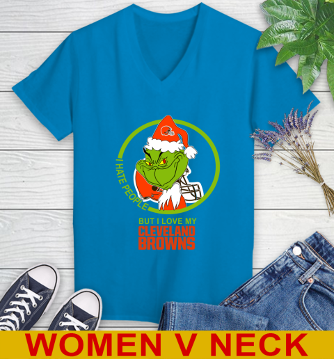 Cleveland Browns NFL Christmas Grinch I Hate People But I Love My Favorite Football Team Women's V-Neck T-Shirt 8
