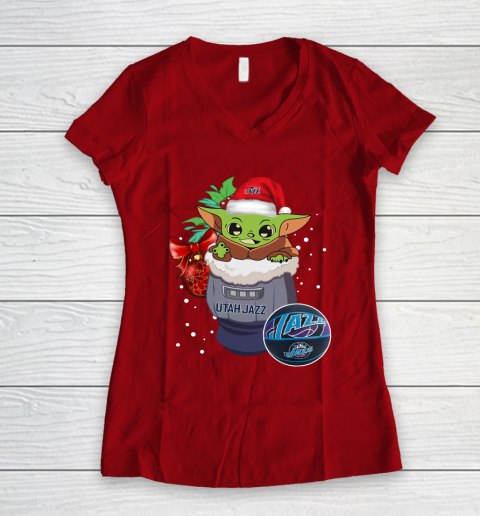 Utah Jazz Christmas Baby Yoda Star Wars Funny Happy NBA Women's V-Neck T-Shirt 10