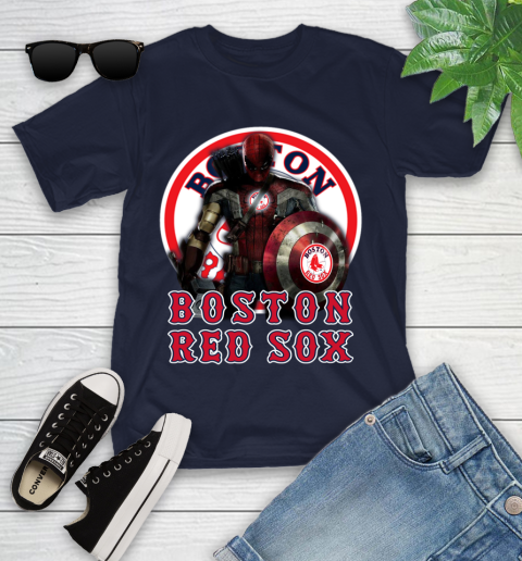 MLB Captain America Thor Spider Man Hawkeye Avengers Endgame Baseball Boston Red Sox Youth T-Shirt 3