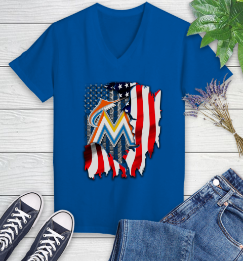 Miami Marlins MLB Baseball American Flag Women's V-Neck T-Shirt 10