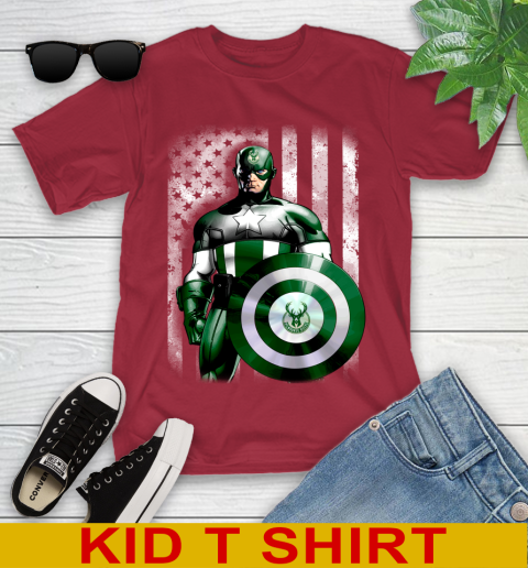 Milwaukee Bucks NBA Basketball Captain America Marvel Avengers American Flag Shirt Youth T-Shirt 12