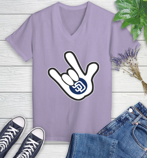 San Diego Padres MLB Baseball Mickey Rock Hand Disney Women's V-Neck T-Shirt 14