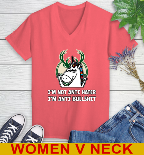 Milwaukee Bucks NBA Basketball Unicorn I'm Not Anti Hater I'm Anti Bullshit Women's V-Neck T-Shirt 7