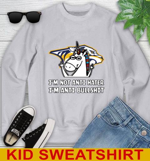 Nashville Predators NHL Hockey Unicorn I'm Not Anti Hater I'm Anti Bullshit Youth Sweatshirt 4