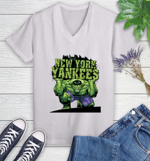 New York Yankees MLB Baseball Incredible Hulk Marvel Avengers Sports Women's V-Neck T-Shirt