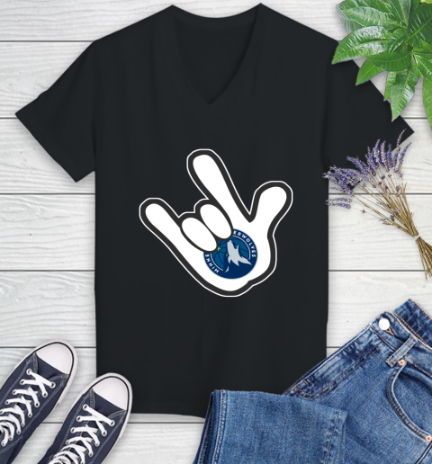 Minnesota Timberwolves NBA Basketball Mickey Rock Hand Disney Women's V-Neck T-Shirt 2
