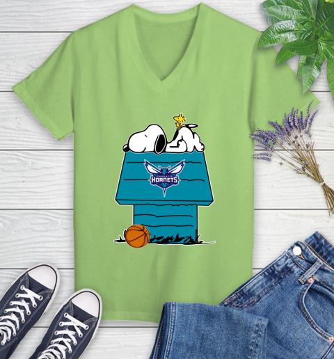 Charlotte Hornets NBA Basketball Snoopy Woodstock The Peanuts Movie Women's V-Neck T-Shirt 11