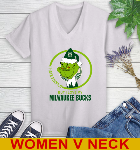 Milwaukee Bucks NBA Christmas Grinch I Hate People But I Love My Favorite Basketball Team Women's V-Neck T-Shirt