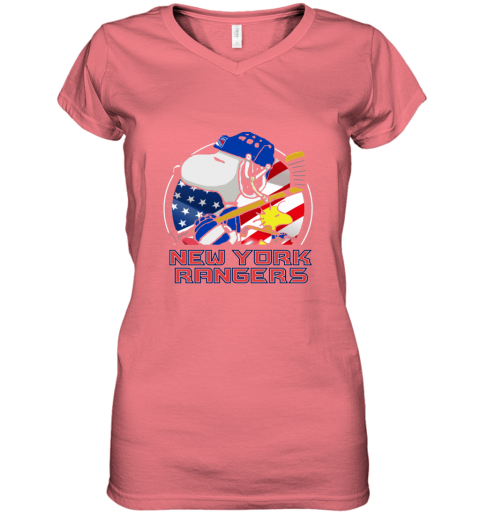 nkex new york rangersnoopy and woodstock nhl women v neck t shirt 39 front coral