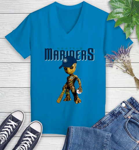 MLB Seattle Mariners Groot Guardians Of The Galaxy Baseball Women's V-Neck T-Shirt 7
