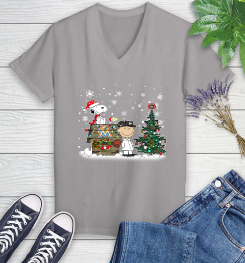 MLB Miami Marlins Snoopy Charlie Brown Christmas Baseball Commissioner's Trophy Women's V-Neck T-Shirt 4