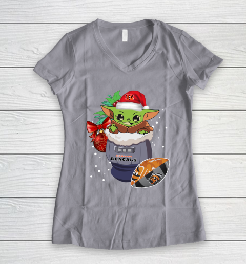 Cincinnati Bengals Christmas Baby Yoda Star Wars Funny Happy NFL Women's V-Neck T-Shirt 4