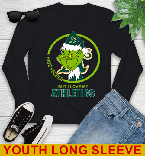 Oakland Athletics MLB Christmas Grinch I Hate People But I Love My Favorite Baseball Team Youth Long Sleeve 2