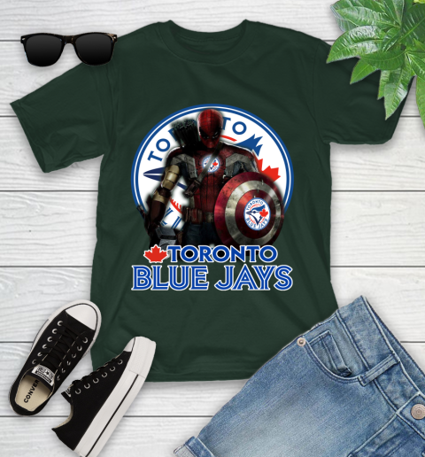 MLB Captain America Thor Spider Man Hawkeye Avengers Endgame Baseball Toronto Blue Jays Youth T-Shirt 5