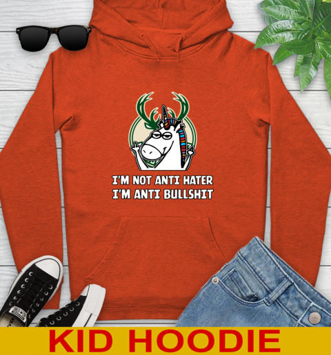 Milwaukee Bucks NBA Basketball Unicorn I'm Not Anti Hater I'm Anti Bullshit Youth Hoodie 5