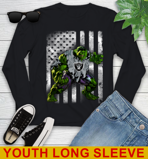 Oakland Raiders Hulk Marvel Avengers NFL Football American Flag Youth Long Sleeve