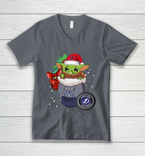 Tampa Bay Lightning Christmas Baby Yoda Star Wars Funny Happy NHL V-Neck T-Shirt 5