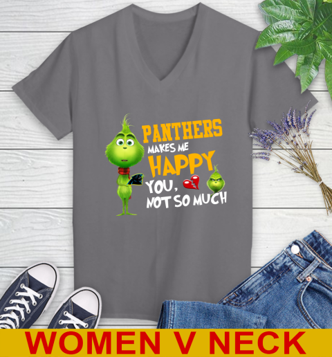 NFL Carolina Panthers Makes Me Happy You Not So Much Grinch Football Sports Women's V-Neck T-Shirt 11