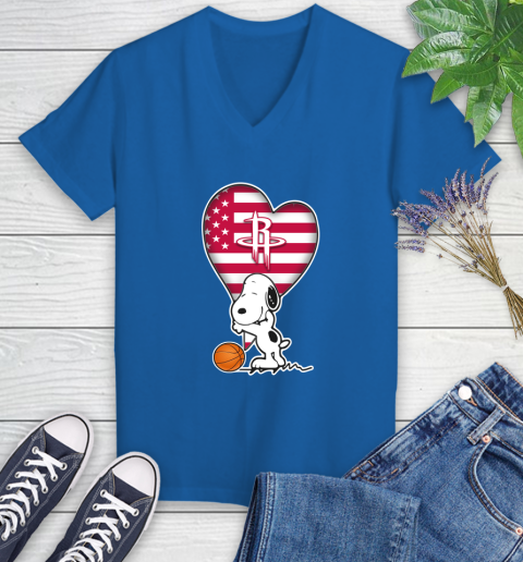 Houston Rockets NBA Basketball The Peanuts Movie Adorable Snoopy Women's V-Neck T-Shirt 10