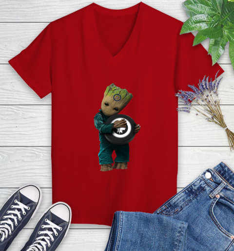NHL Groot Guardians Of The Galaxy Hockey Sports Winnipeg Jets Women's V-Neck T-Shirt 12