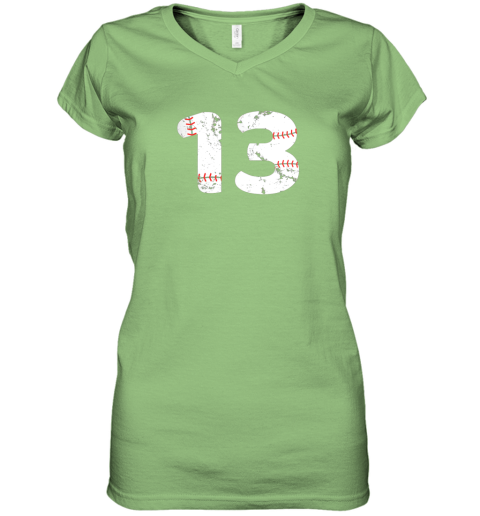 yoln number 13 baseball vintage distressed team women v neck t shirt 39 front lime