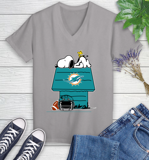 Miami Dolphins NFL Football Snoopy Woodstock The Peanuts Movie Women's V-Neck T-Shirt 4