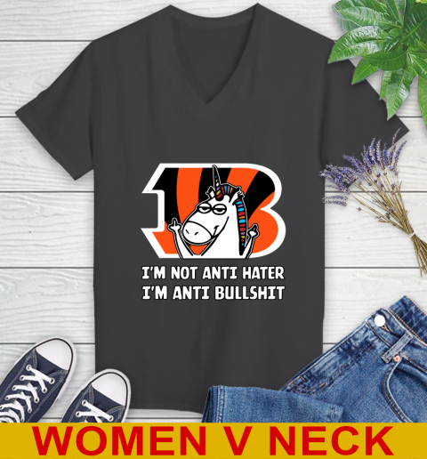 Cincinnati Bengals NFL Football Unicorn I'm Not Anti Hater I'm Anti Bullshit Women's V-Neck T-Shirt 9