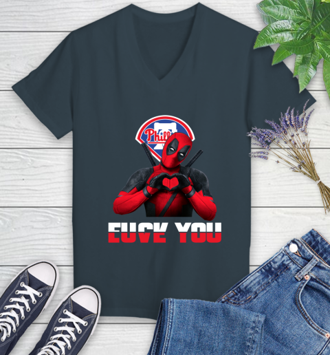 MLB Philadelphia Phillies Deadpool Love You Fuck You Baseball Sports Women's V-Neck T-Shirt 8