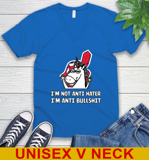 Cleveland Indians MLB Baseball Unicorn I'm Not Anti Hater I'm Anti Bullshit V-Neck T-Shirt 6