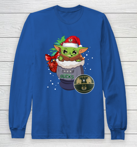Milwaukee Bucks Christmas Baby Yoda Star Wars Funny Happy NBA Long Sleeve T-Shirt 9