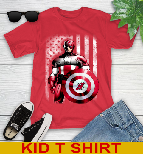 New Jersey Devils NHL Hockey Captain America Marvel Avengers American Flag Shirt Youth T-Shirt 11