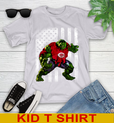 Cincinnati Reds Hulk Marvel Avengers MLB Baseball American Flag Youth T-Shirt 4