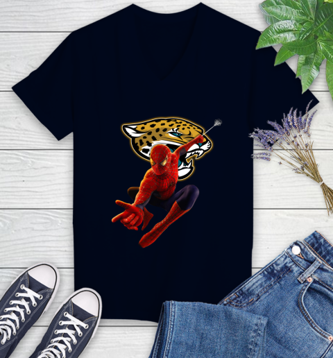 NFL Spider Man Avengers Endgame Football Jacksonville Jaguars Women's V-Neck T-Shirt 3
