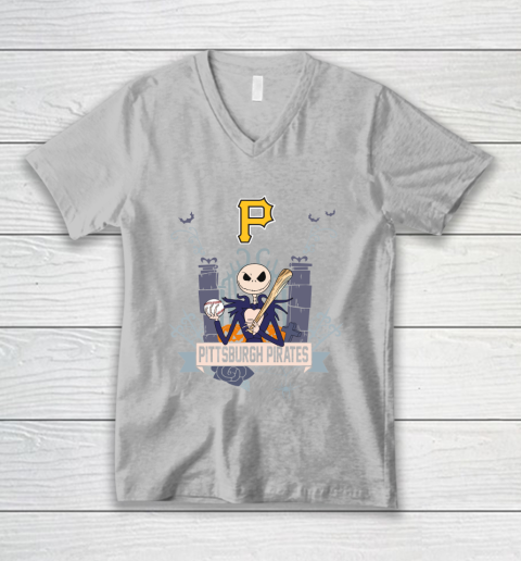 MLB Pittsburgh Pirates Baseball Jack Skellington Halloween V-Neck T-Shirt 3