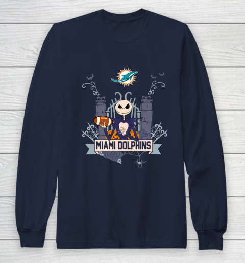 NFL Miami Dolphins Football Jack Skellington Halloween Long Sleeve T-Shirt 2