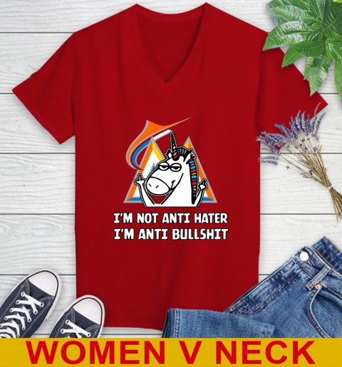Miami Marlins MLB Baseball Unicorn I'm Not Anti Hater I'm Anti Bullshit Women's V-Neck T-Shirt 12