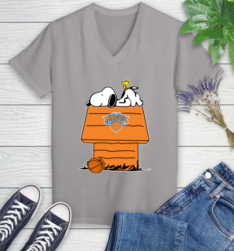 New York Knicks NBA Basketball Snoopy Woodstock The Peanuts Movie Women's V-Neck T-Shirt 4