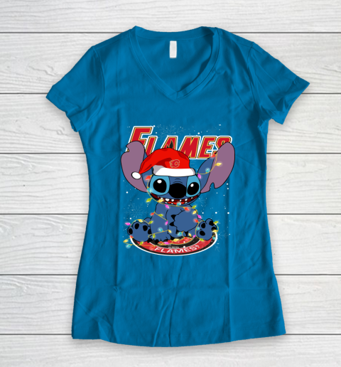 Calgary Flames NHL Hockey noel stitch Christmas Women's V-Neck T-Shirt 4