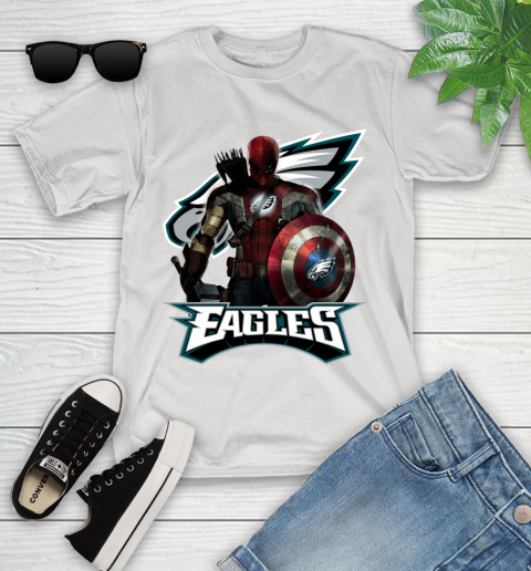 NFL Captain America Thor Spider Man Hawkeye Avengers Endgame Football Philadelphia Eagles Youth T-Shirt