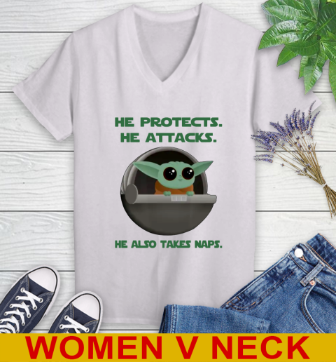 He Protects He Attacks He Also Takes Naps Baby Yoda Star Wars Shirts Women's V-Neck T-Shirt