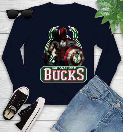 Milwaukee Bucks NBA Basketball Captain America Thor Spider Man Hawkeye Avengers Youth Long Sleeve 3