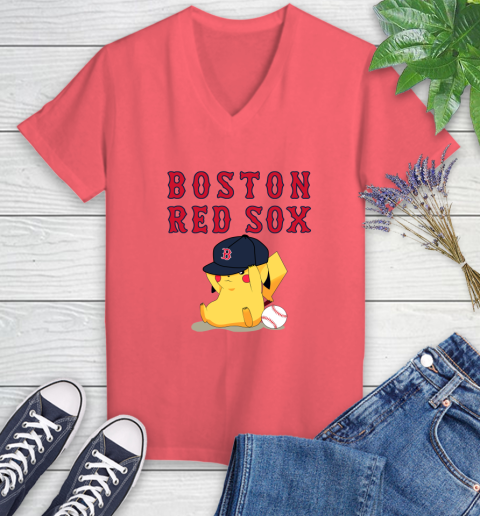 MLB Pikachu Baseball Sports Boston Red Sox Women's V-Neck T-Shirt 6