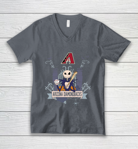MLB Arizona Diamondbacks Baseball Jack Skellington Halloween V-Neck T-Shirt 4